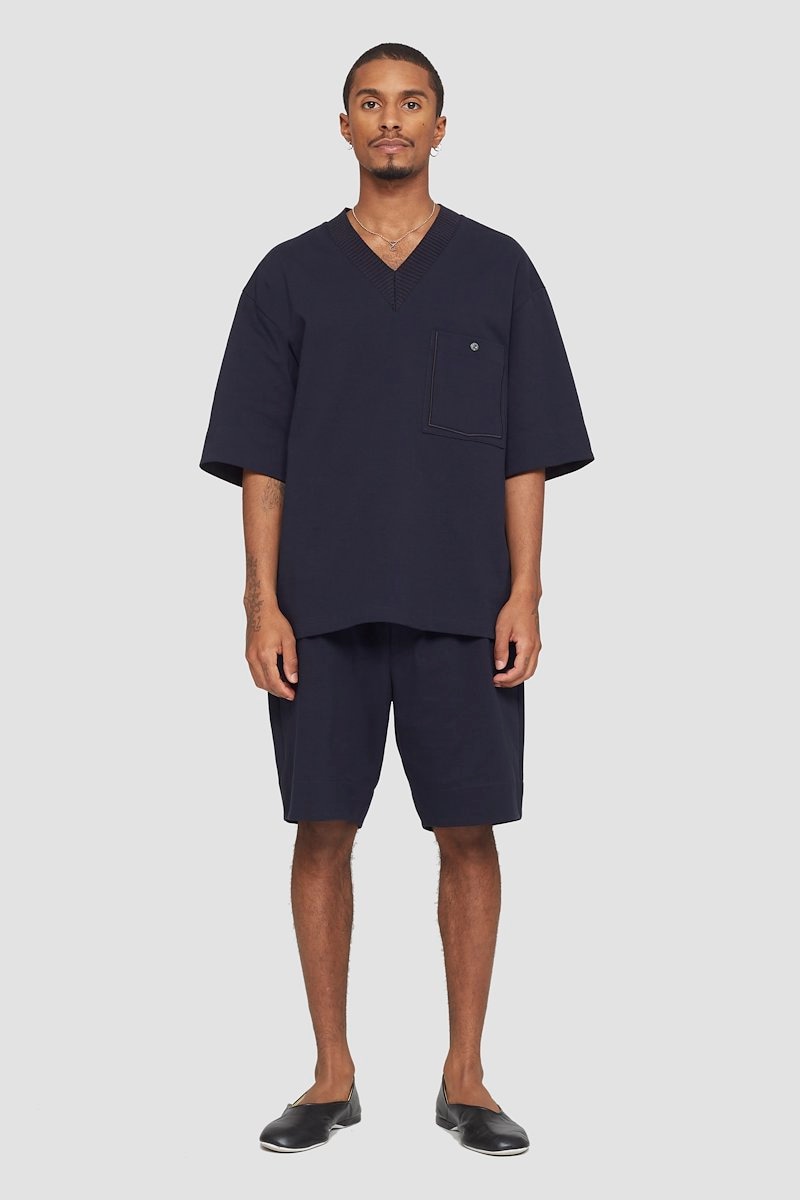 V-Neck Knit Shirt, contrast-trim T-shirt from 3.1 PHILLIP LIM featuring midnight blue, cotton, contrast stitching, V-neck, ribbed trim and short sleeves.- 1