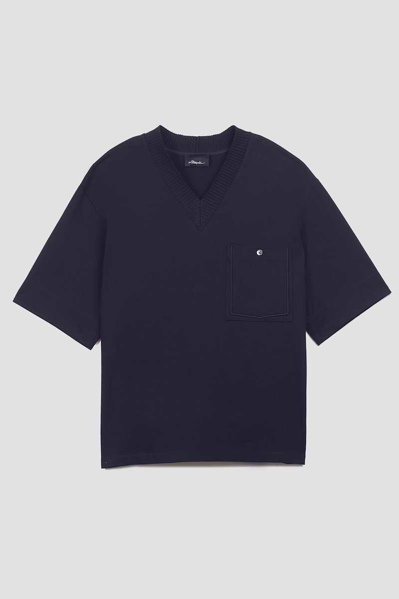 V-Neck Knit Shirt-blue #1 V-Neck Knit Shirt, contrast-trim T-shirt from 3.1 PHILLIP LIM featuring midnight blue, cotton, contrast stitching, V-neck, ribbed trim and short sleeves.- 5