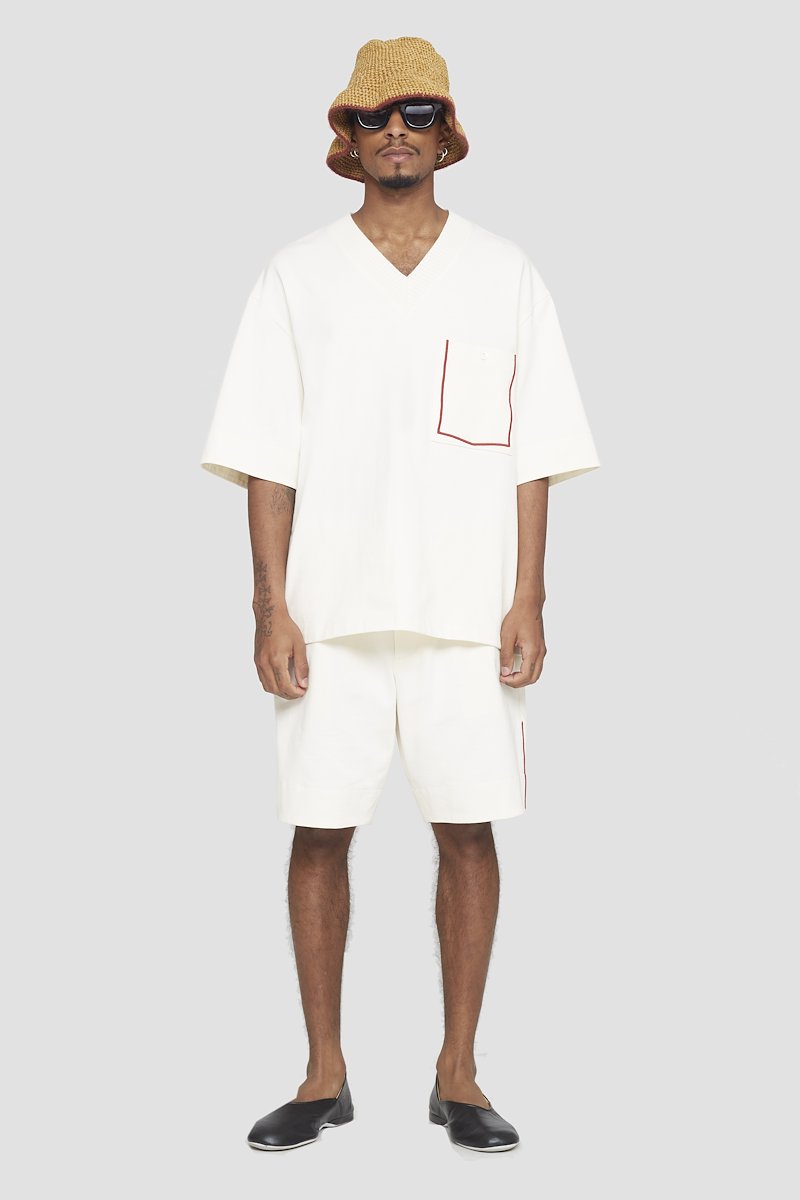 V-Neck Knit Shirt-white #0 V-Neck Knit Shirt, contrast-trim T-shirt from 3.1 PHILLIP LIM featuring ivory white, cotton, contrasting trim, button-fastening chest pocket, V-neck, ribbed trim and short sleeves.- 0