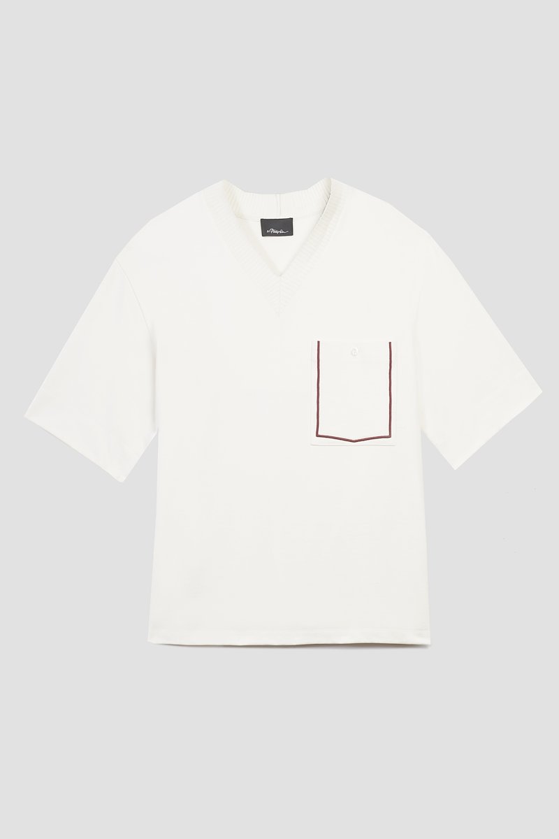 V-Neck Knit Shirt-white #1 V-Neck Knit Shirt, contrast-trim T-shirt from 3.1 PHILLIP LIM featuring ivory white, cotton, contrasting trim, button-fastening chest pocket, V-neck, ribbed trim and short sleeves.- 5
