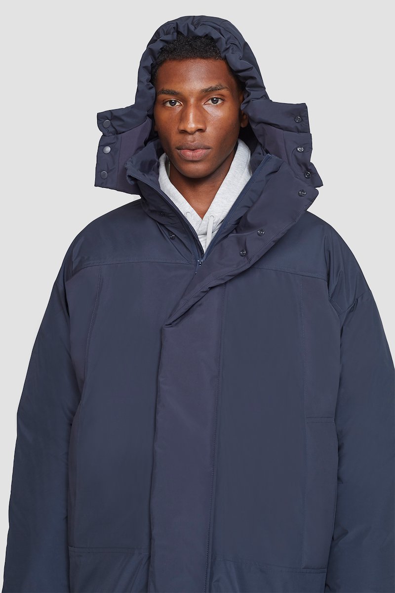 Unisex Duvet Parka-blue #1 Unisex Duvet Parka, Midnight blue Duvet oversized parka from 3.1 PHILLIP LIM featuring water-repellent, detachable hood, high neck, front press-stud and zip fastening, long sleeves, two handwarmer pockets and curved hem.- 9