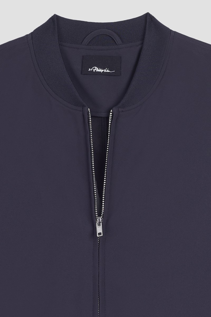 Kickin' It Bomber Jacket, Midnight blue Kickin It bomber jacket from 3.1 PHILLIP LIM featuring ribbed detailing, logo patch to the front, band collar, front zip fastening, long sleeves and two front welt pockets.- 9