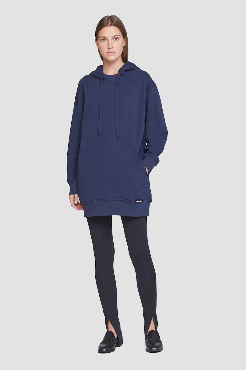The Live-In Sweat Dress-blue #0 The Live-In Sweat Dress, The Live-In sweatshirt dress from 3.1 PHILLIP LIM featuring navy blue, cotton, drawstring hood, drop shoulder, long sleeves, two side slit pockets and ribbed edge.- 0