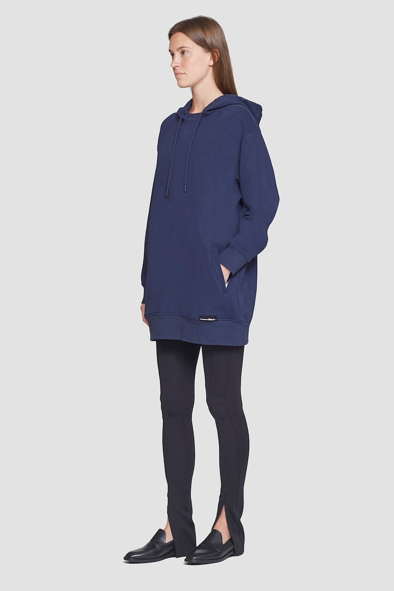 The Live-In Sweat Dress-blue #0 The Live-In Sweat Dress, The Live-In sweatshirt dress from 3.1 PHILLIP LIM featuring navy blue, cotton, drawstring hood, drop shoulder, long sleeves, two side slit pockets and ribbed edge.- 2