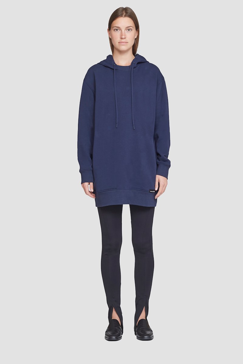 The Live-In Sweat Dress-blue #1 The Live-In Sweat Dress, The Live-In sweatshirt dress from 3.1 PHILLIP LIM featuring navy blue, cotton, drawstring hood, drop shoulder, long sleeves, two side slit pockets and ribbed edge.- 1