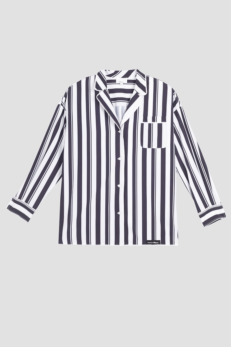 Striped PJ Shirt-white #0 Striped PJ Shirt, Midnight blue/white Playtime pajama shirt from 3.1 PHILLIP LIM featuring vertical stripe print, spread collar, chest patch pocket, front button fastening and long sleeves.- 4