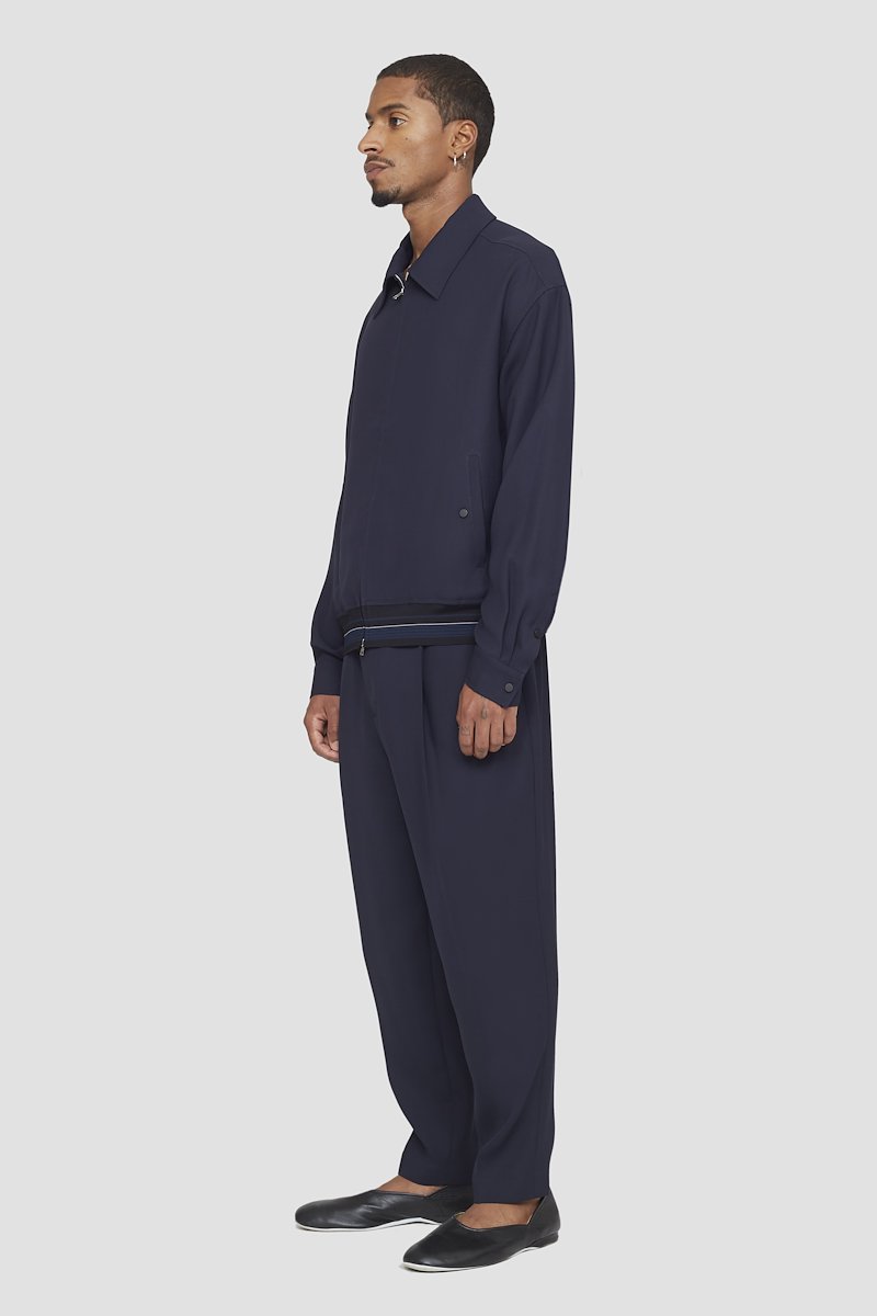 Bowler Jacket-blue #0 Bowler Jacket, stripe-trim shirt jacket from 3.1 PHILLIP LIM featuring navy blue, stripe trim, straight-point collar, front zip fastening, long sleeves and two press-stud fastening side pockets.- 2