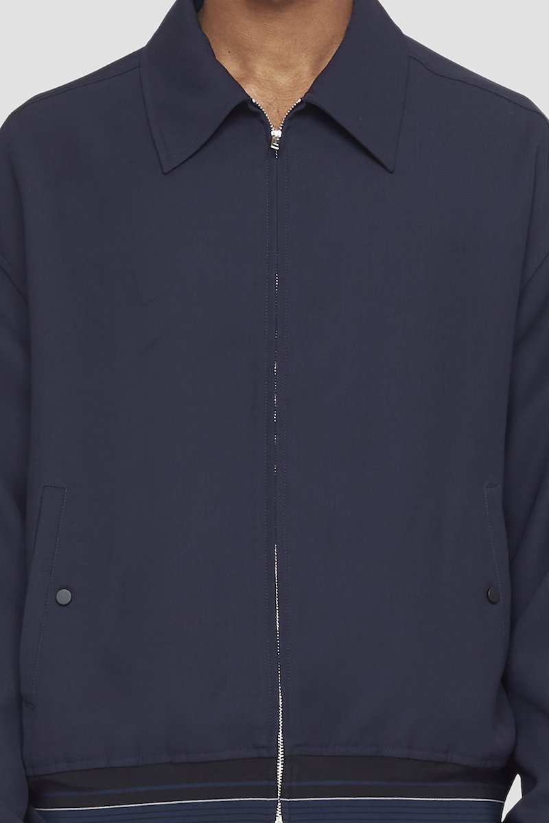 Bowler Jacket-blue #0 Bowler Jacket, stripe-trim shirt jacket from 3.1 PHILLIP LIM featuring navy blue, stripe trim, straight-point collar, front zip fastening, long sleeves and two press-stud fastening side pockets.- 4