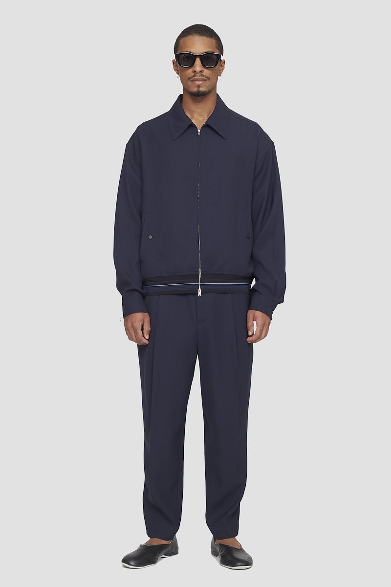 Bowler Jacket-blue #0 Bowler Jacket, stripe-trim shirt jacket from 3.1 PHILLIP LIM featuring navy blue, stripe trim, straight-point collar, front zip fastening, long sleeves and two press-stud fastening side pockets.- 0