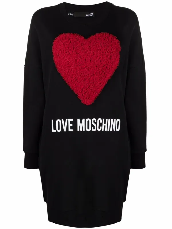Donna Love Moschino Loose Fit Long Sleeved Dress Maxi Heart with Tulle Ruffle Applique And Logo Print Abito Casual