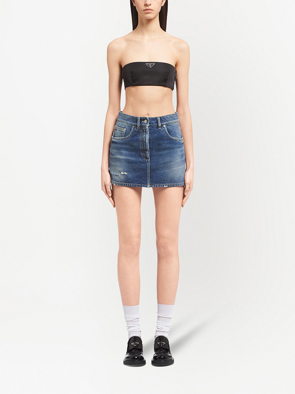 Shop Prada Distressed Denim Miniskirt In Blau