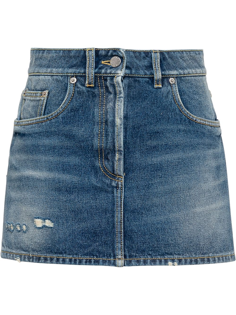 Shop Prada Distressed Denim Miniskirt In Blau