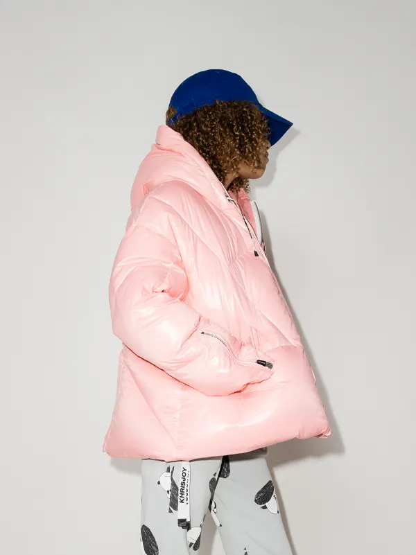 metallic rose print puffer jacket