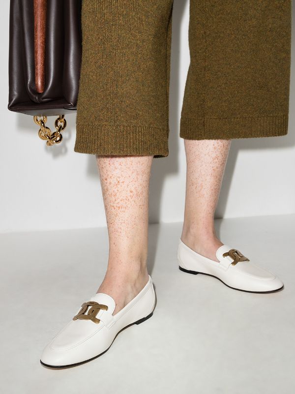 Tod's white Kate gold-chain leather loafers for women 