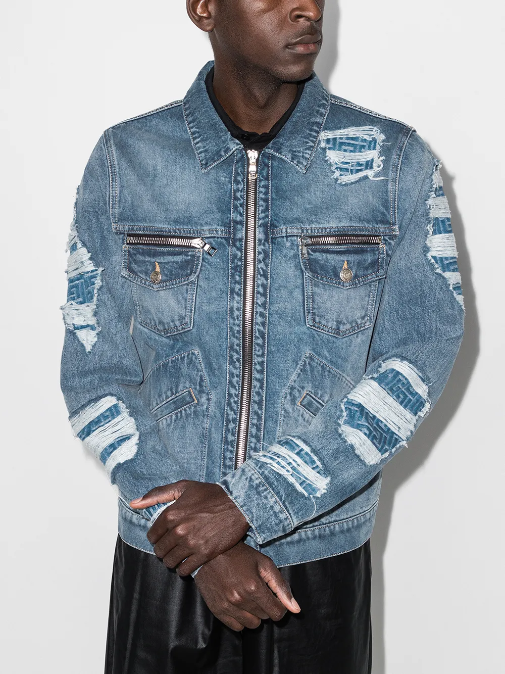 Image 2 of Balmain monogram-detail zip-up denim jacket
