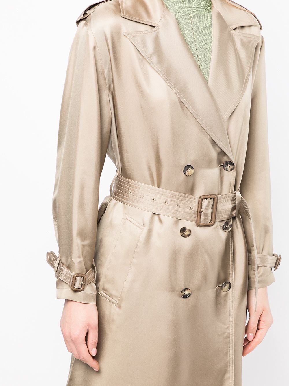 Shop Saint Laurent Double-breasted Silk Trench Coat In Brown