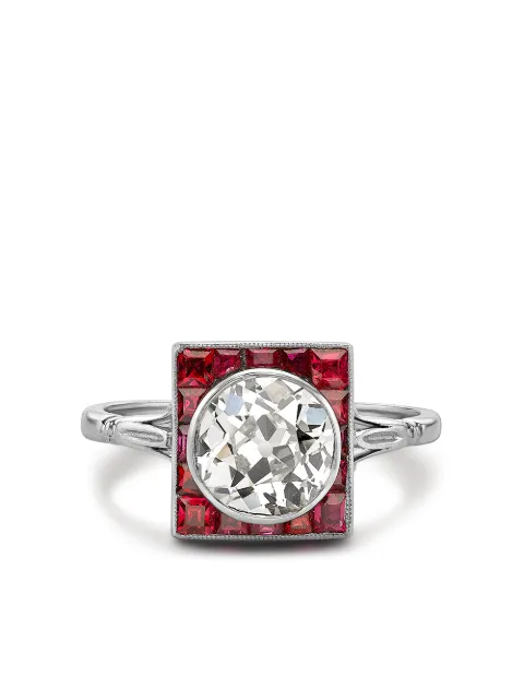 Pragnell Vintage Art Deco 铂金红宝石牌匾形钻石戒指
