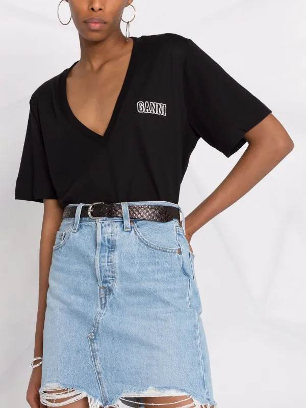Shop GANNI logo-print V-neck T-shirt 
