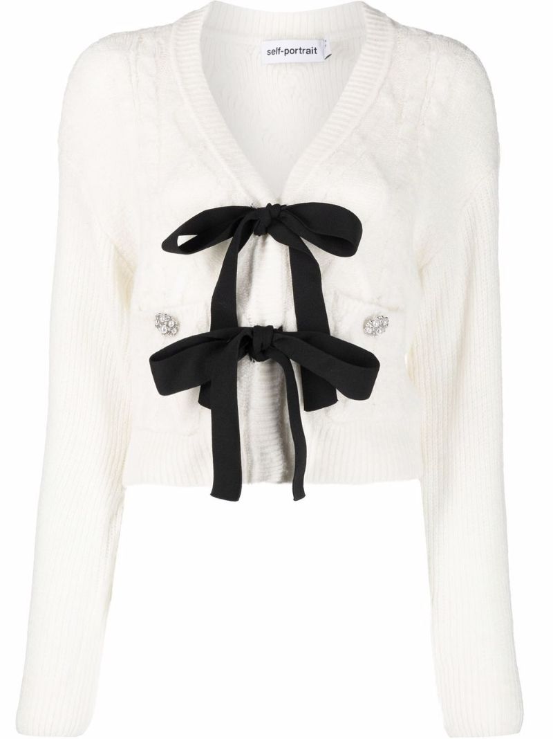 Self-Portrait bow-detail knitted cardigan white | MODES