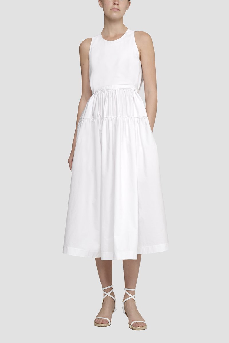Sleeveless Poplin Belted Midi Dress-white #0 Sleeveless Poplin Belted Midi Dress, White cotton tied-waist sleeveless dress from 3.1 PHILLIP LIM featuring round neck, sleeveless, keyhole detail to the rear, rear tie fastening, A-line skirt and tonal design.- 0