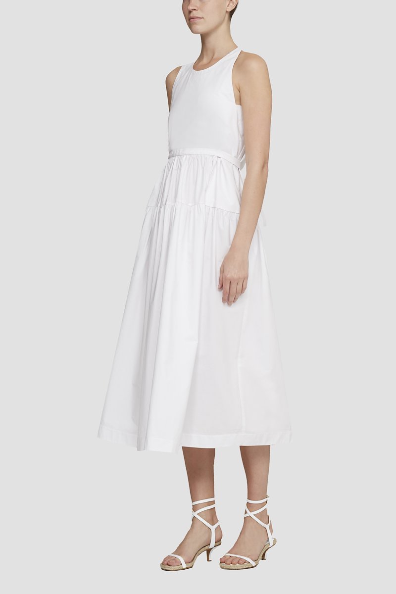 Sleeveless Poplin Belted Midi Dress-white #1 Sleeveless Poplin Belted Midi Dress, White cotton tied-waist sleeveless dress from 3.1 PHILLIP LIM featuring round neck, sleeveless, keyhole detail to the rear, rear tie fastening, A-line skirt and tonal design.- 1