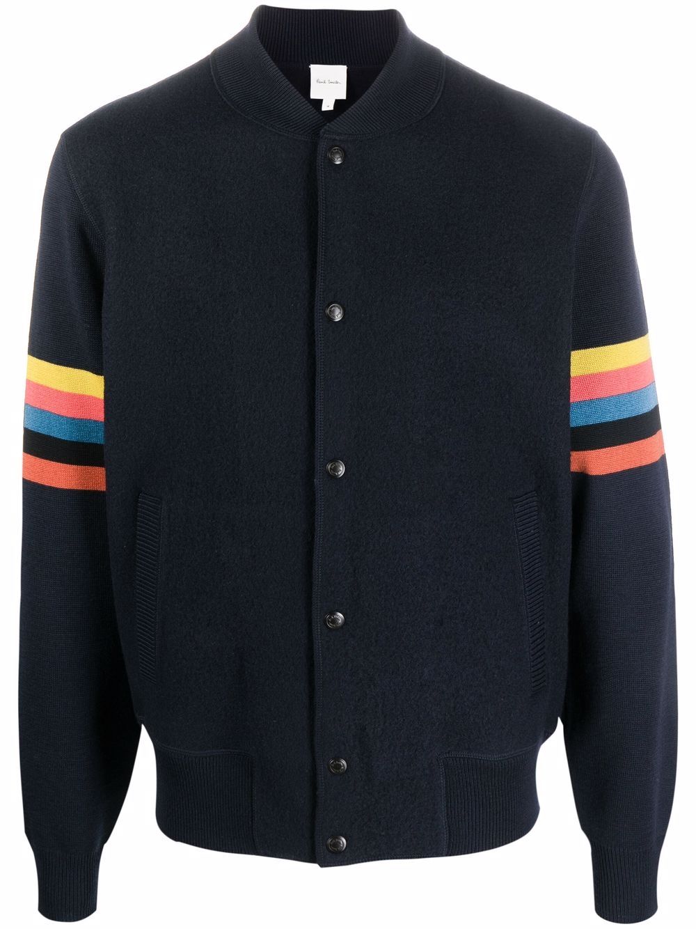 Ps By Paul Smith Stripe-detail Knitted Bomber Jacket In Blue