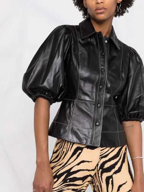 Shop GANNI puff-sleeve leather shirt 