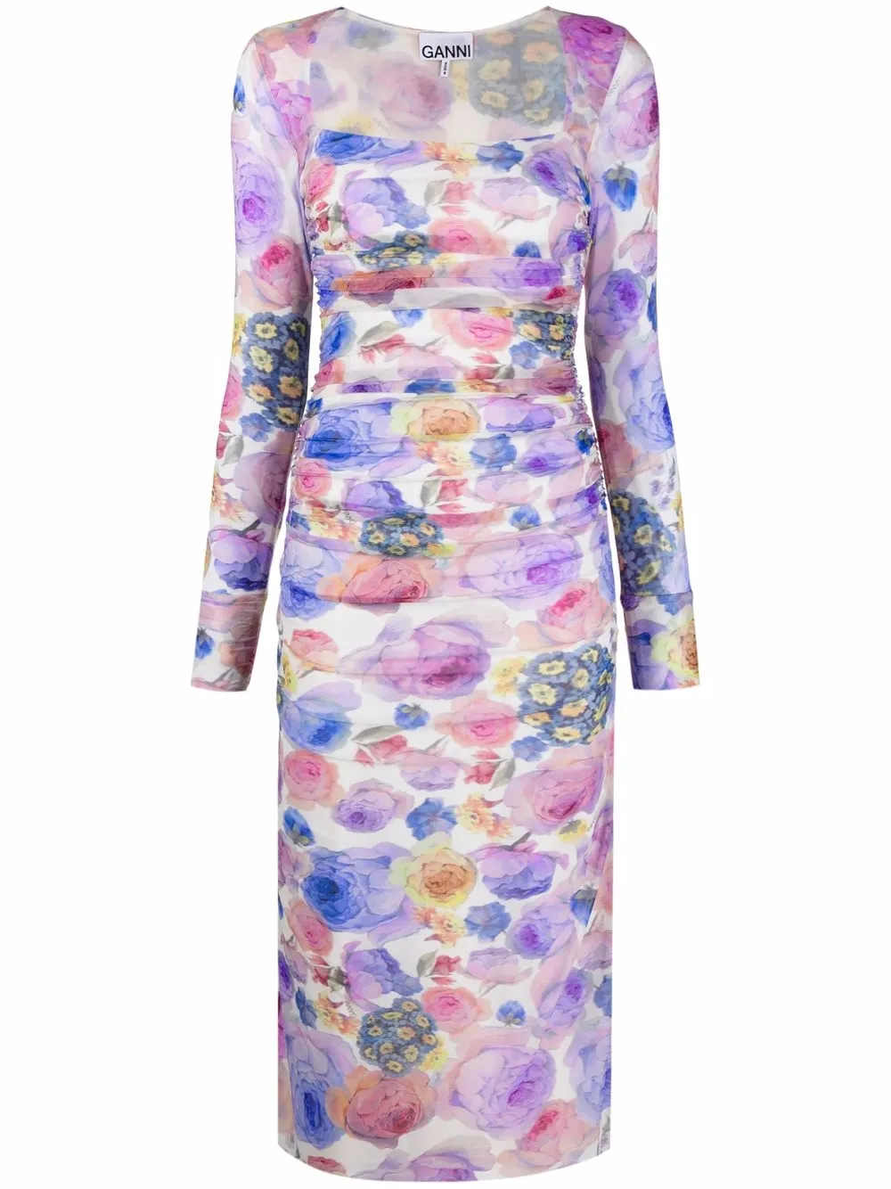 Printed ruched mesh midi dress in purple - Ganni