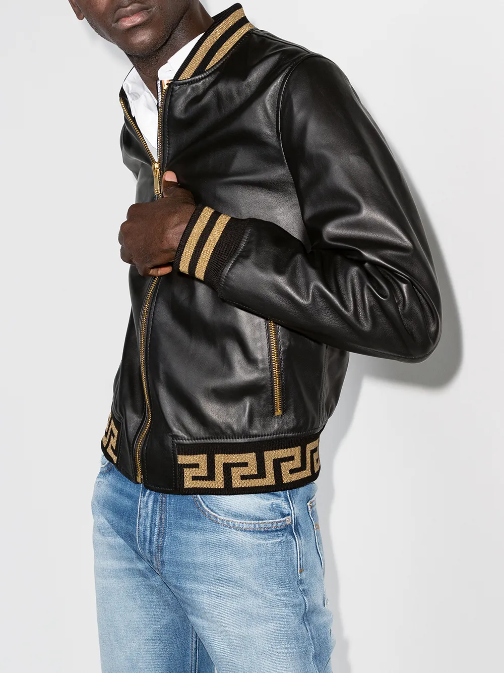 Image 2 of Versace Grecca Border leather bomber jacket