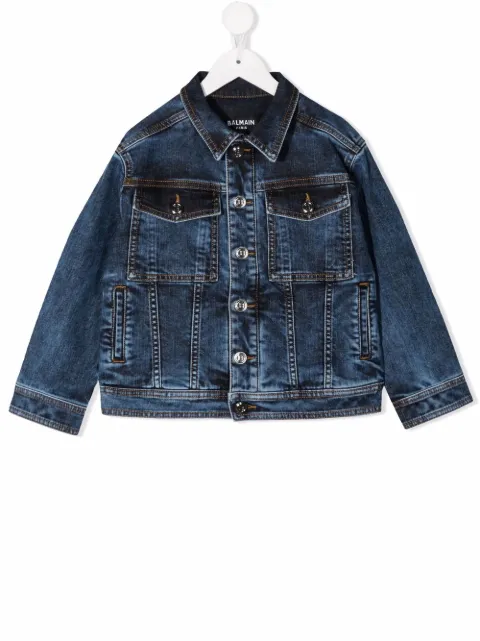 Balmain Kids جاكيت جينز بطبعة شعار الماركة ومصبوغ