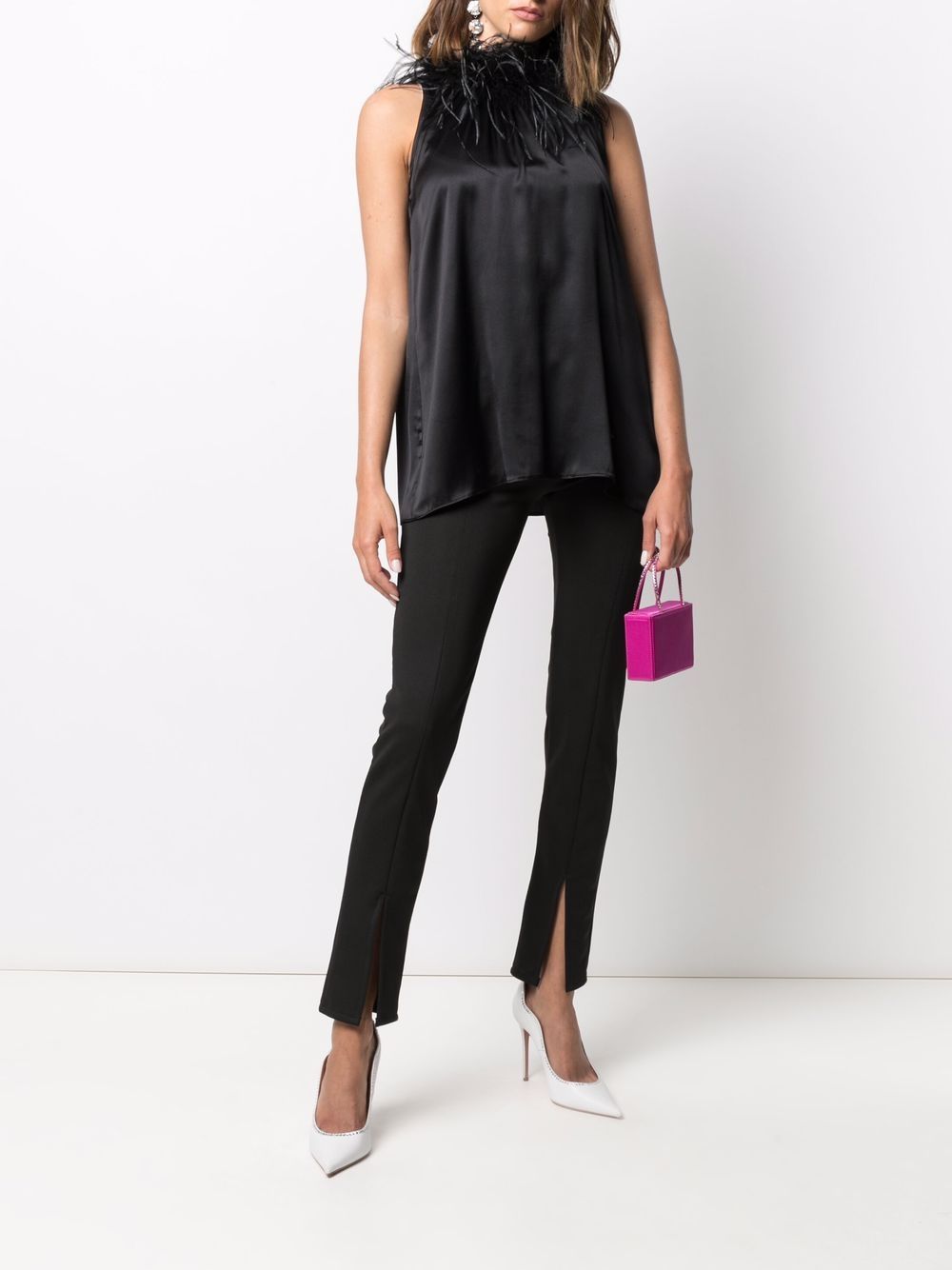 Shop Styland Feather-collar Sleeveless Blouse In Black