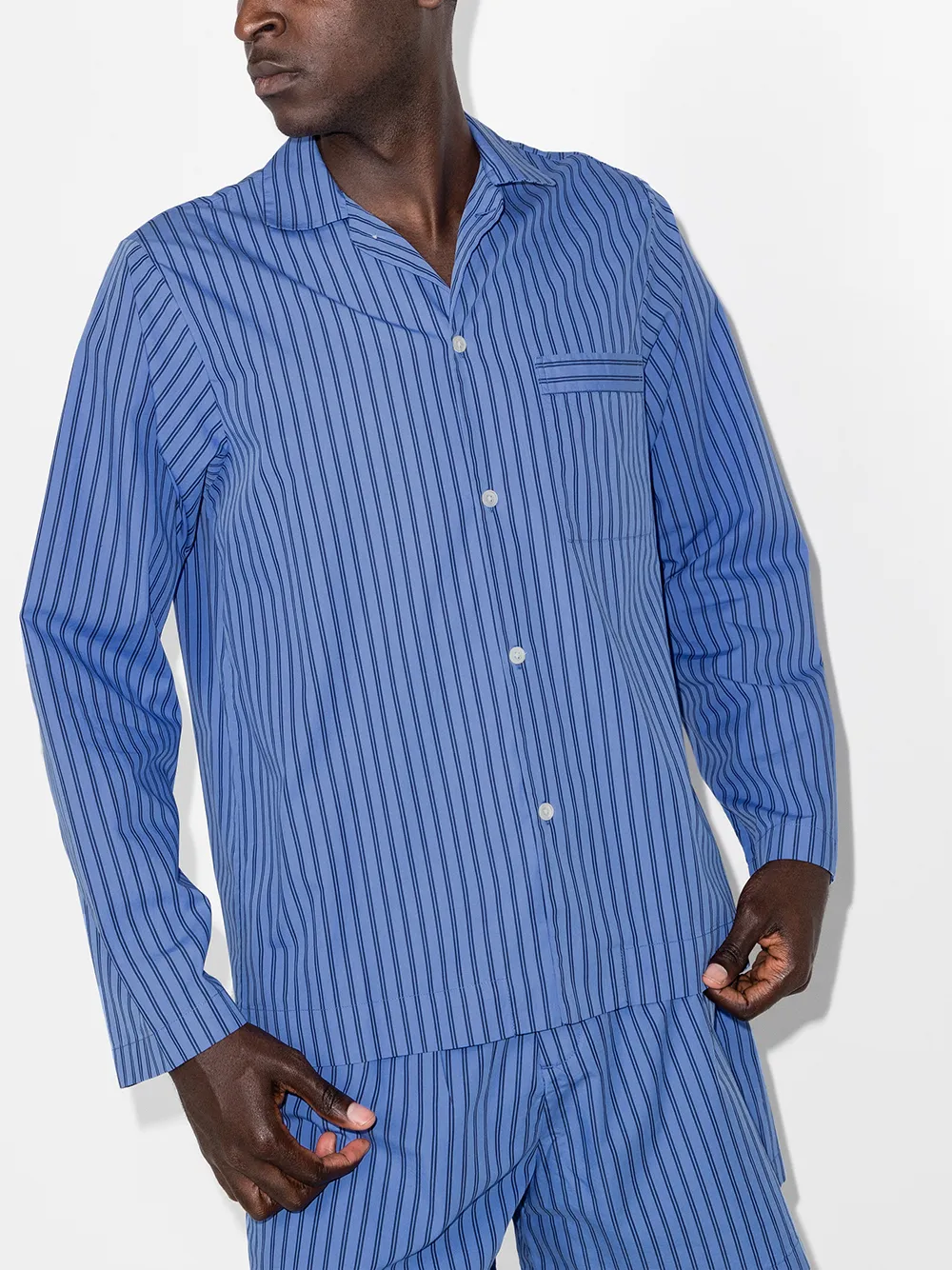 Shop Tekla Striped Poplin Pajama Shirt In 蓝色