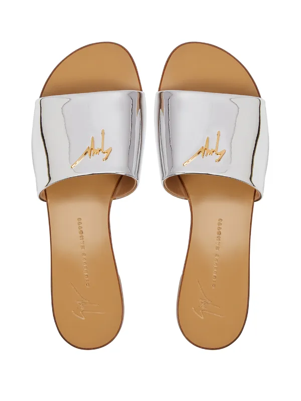 Giuseppe Zanotti Metallic Silver Slide with Gold Logo Accent Giuseppe Zanotti Brett Logo Silver Leather Zip Slides  main image 3