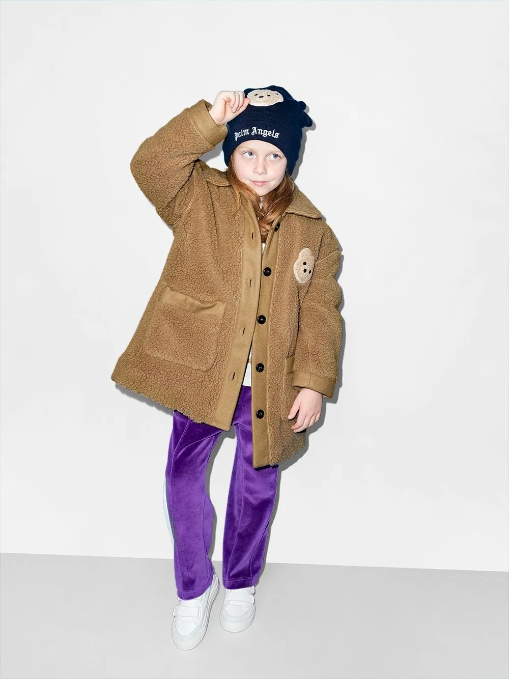 Palm Angels Teddy Puffer Coat W/ Bear Patch In 褐色