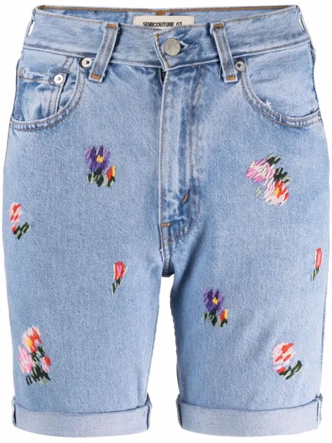 Semicouture Mathilde floral-embroidered denim shorts