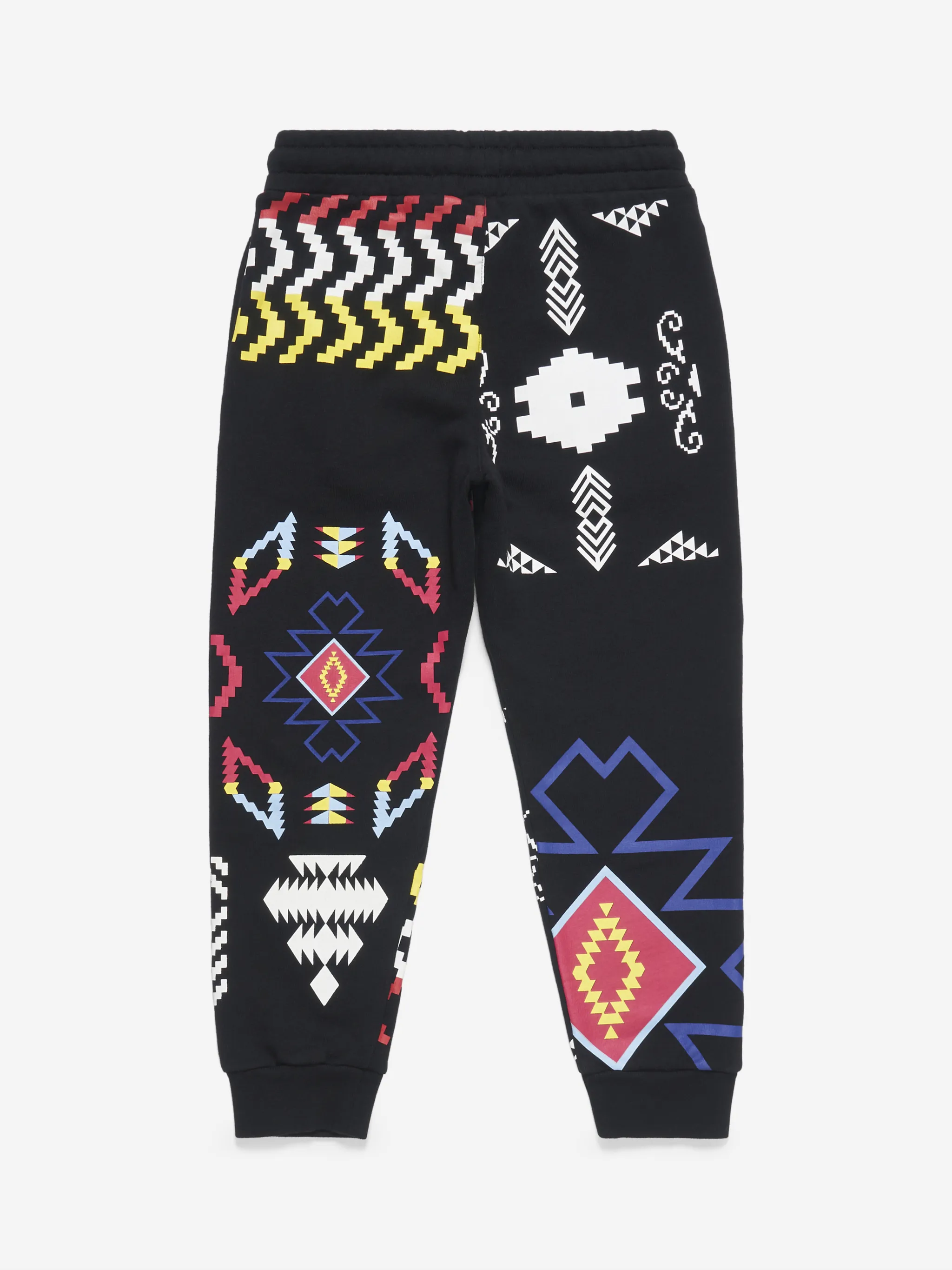 Black/multicolour cotton-blend patchwork geometric-print track pants from Marcelo Burlon Kids featuring patchwork design, geometric print, elasticated drawstring waistband and elasticated cuffs.