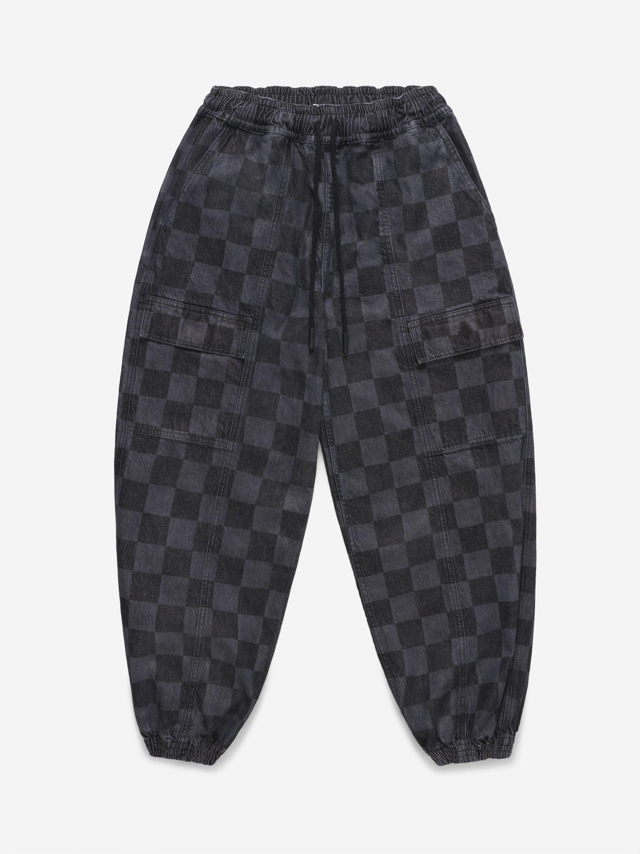 Black/grey cotton-denim checkerboard-print denim track pants from Marcelo Burlon County of Milan featuring checkerboard print, drawstring fastening waist, two side flap pockets, two side slit pockets, rear welt pocket and tapered leg.