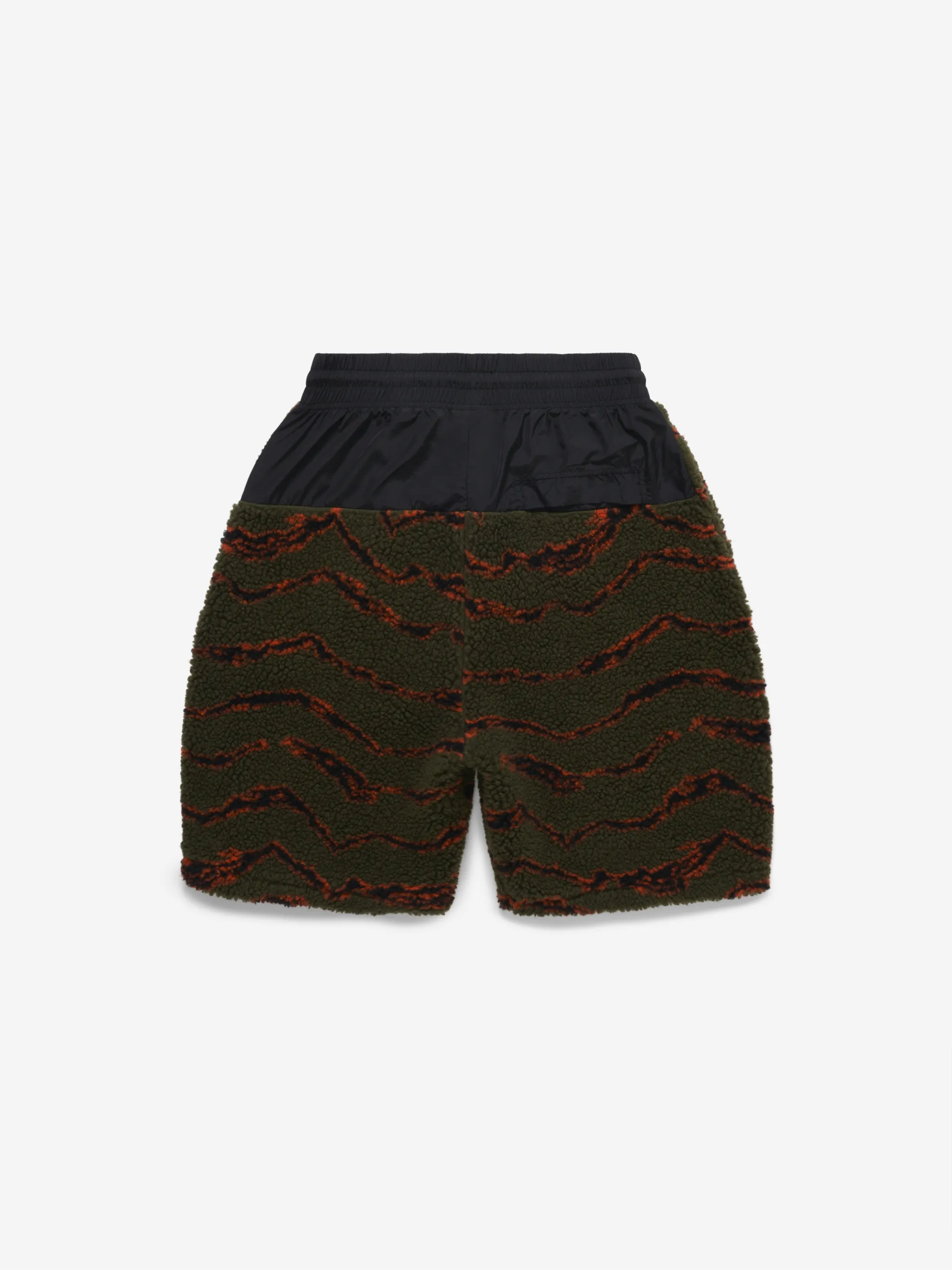 Olive-green/orange/black camouflage-print drawstring shorts from Marcelo Burlon County of Milan featuring faux-shearling design, camouflage pattern, logo patch to the front, elasticated drawstring waistband, two side inset pockets, straight leg and above-knee length.