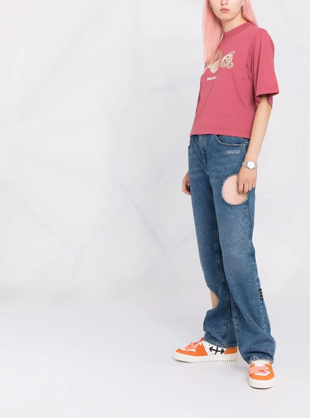 Palm Angels Logo-printed Cotton Crop T-shirt In Pink