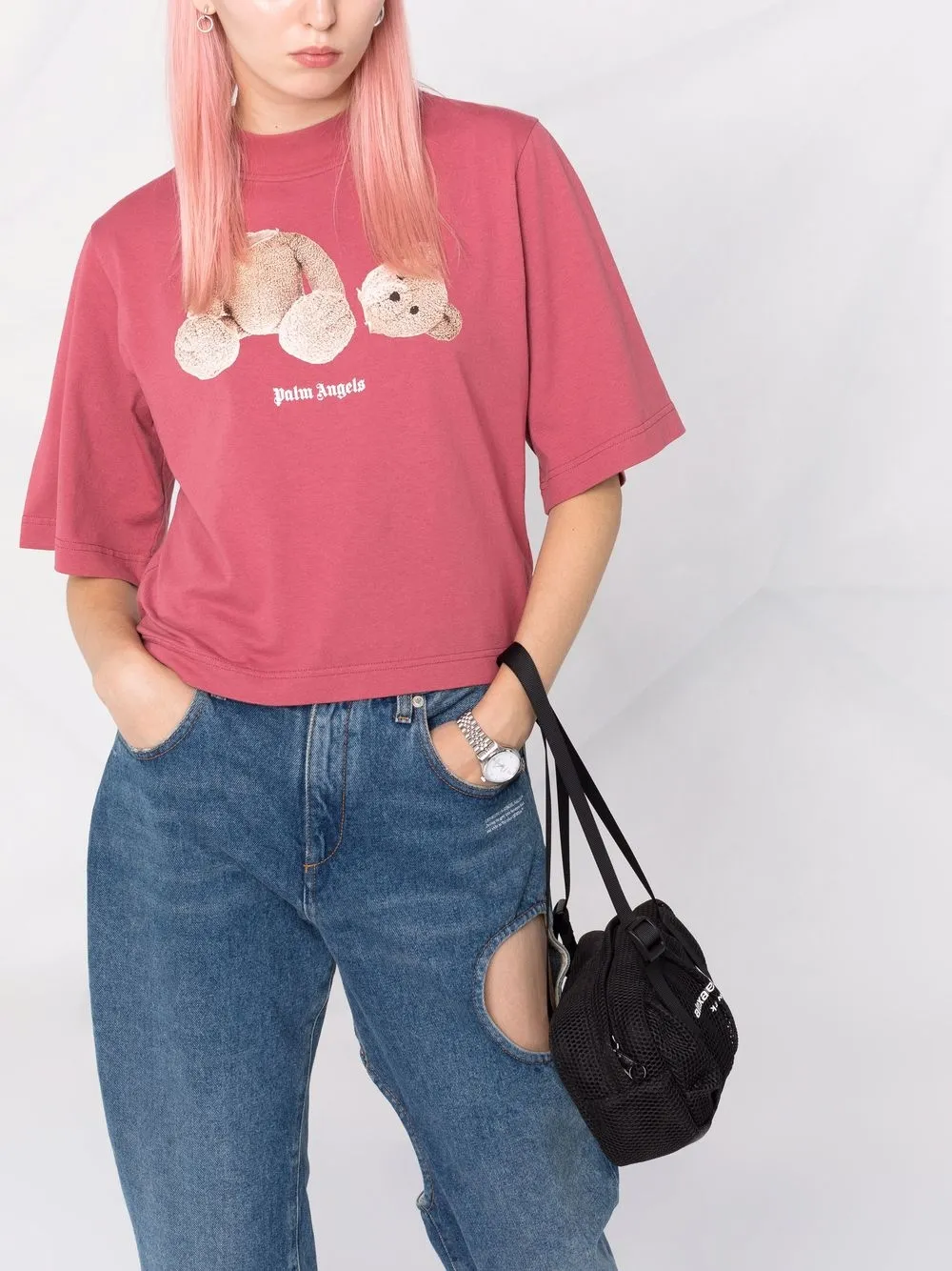 Palm Angels Logo-printed Cotton Crop T-shirt In Pink