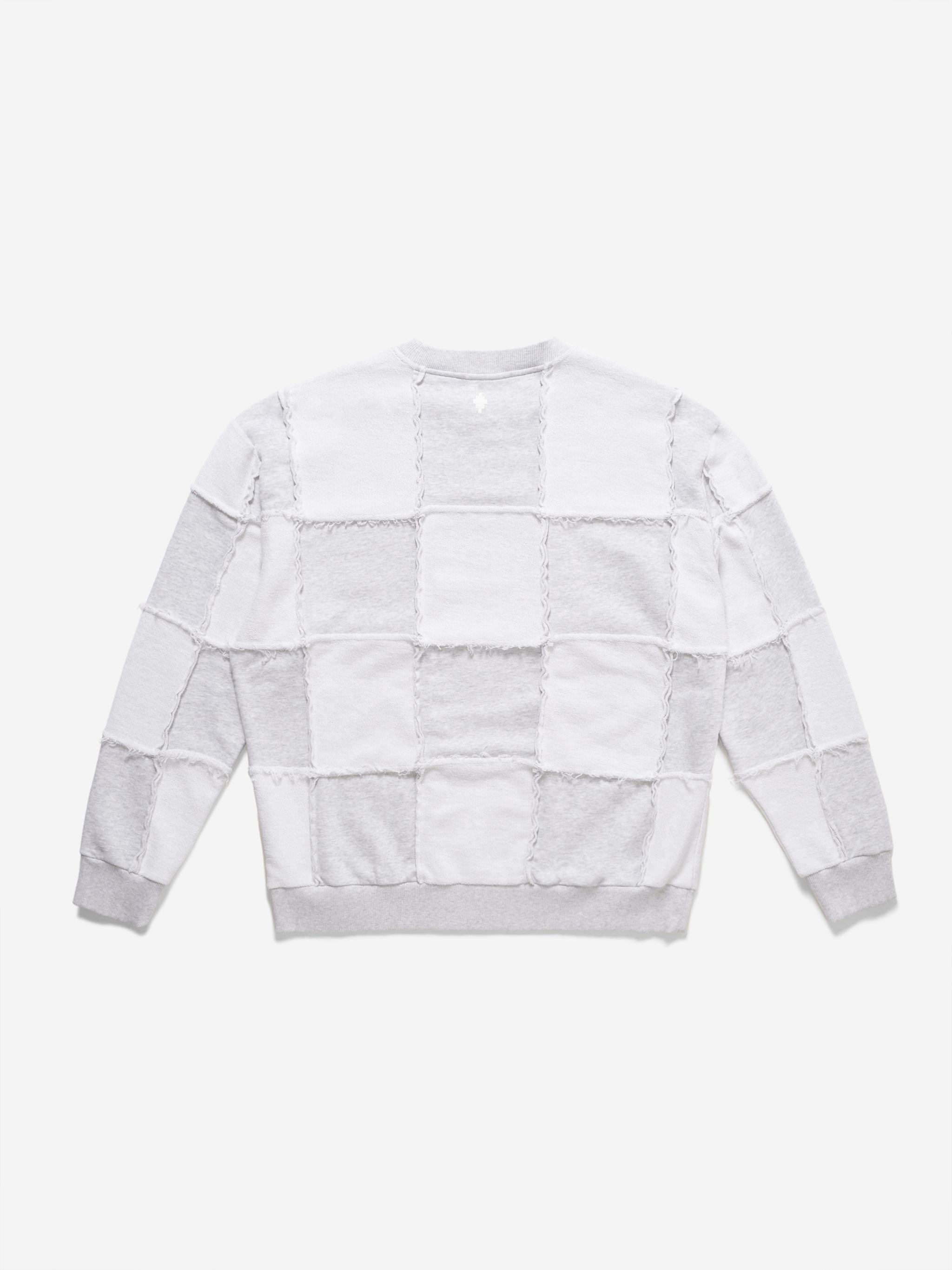 White/grey cotton logo-print patchwork sweatshirt from Marcelo Burlon County of Milan featuring patchwork design, raw-cut finish, logo print at the chest, crew neck, drop shoulder, long sleeves, ribbed cuffs and ribbed hem.