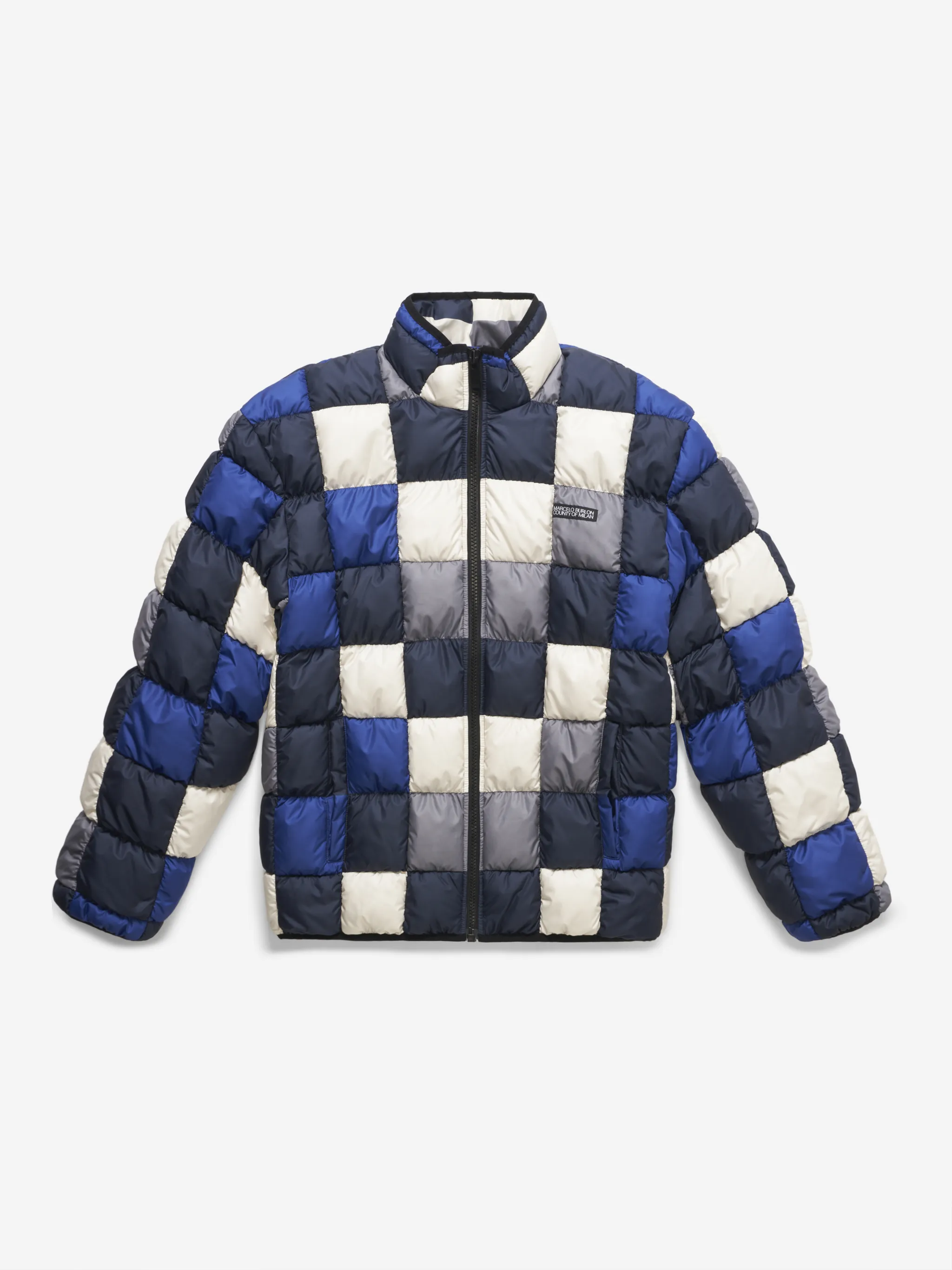 Multicolour checkerboard inlay down jacket from Marcelo Burlon County of Milan featuring high neck, front zip fastening, logo patch to the front, two side slit pockets, drop shoulder and long sleeves.