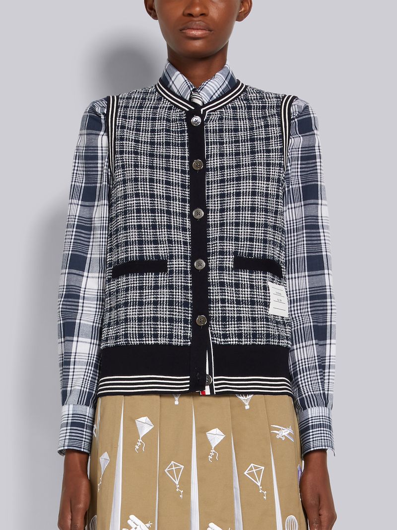 ネイビー テクスチャード マイクロ4BAR チェック コットンツイード カーディガン シェルトップスブルー | Thom Browne 公式オンラインサイト ネイビー テクスチャード マイクロ4BAR チェック コットンツイード カーディガン シェルトップスブルー | Thom Browne 公式オンラインサイト
