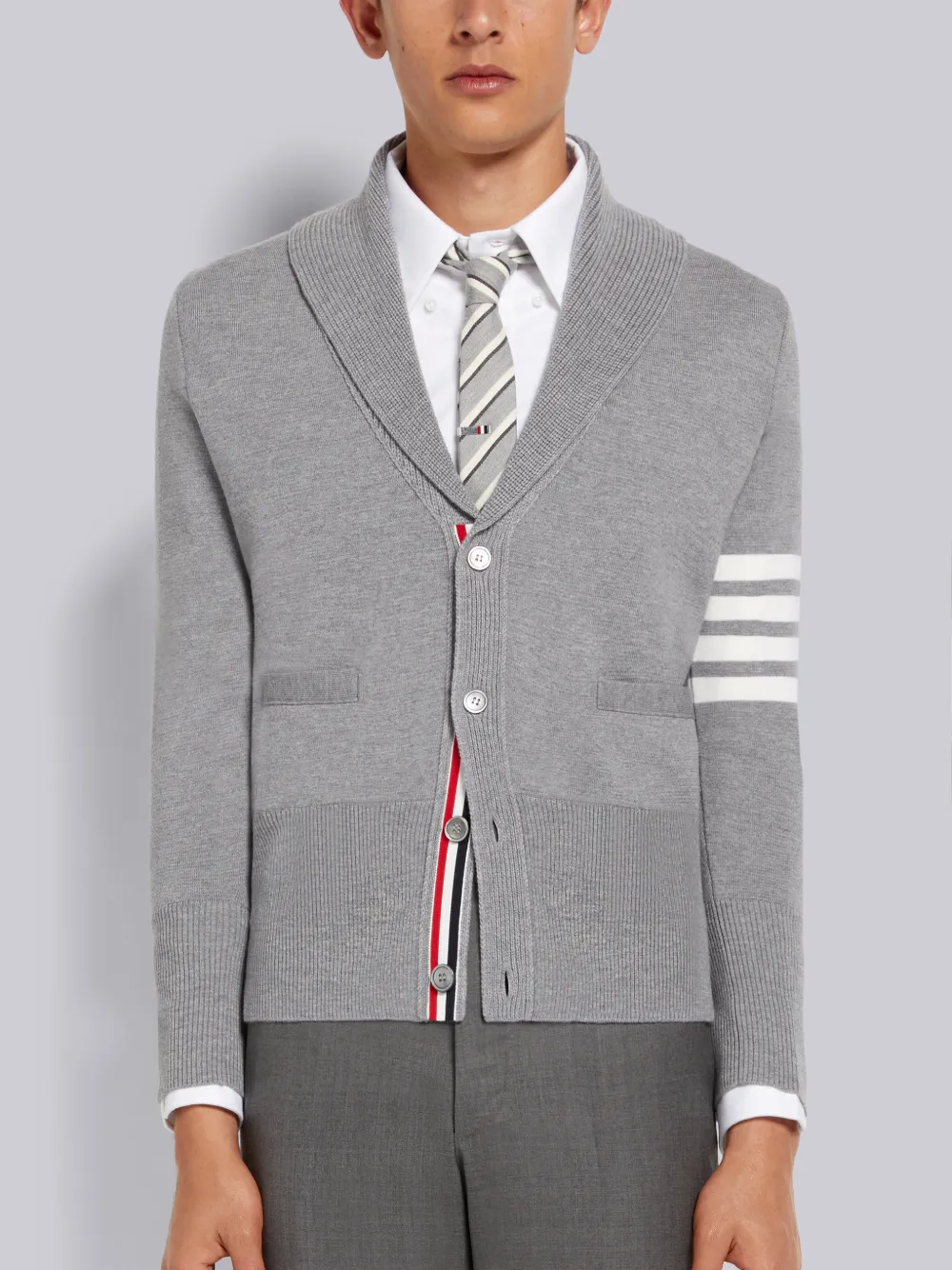 THOM BROWNE LIGHT GREY MILANO STITCH MERINO WOOL 4-BAR SHAWL COLLAR CARDIGAN