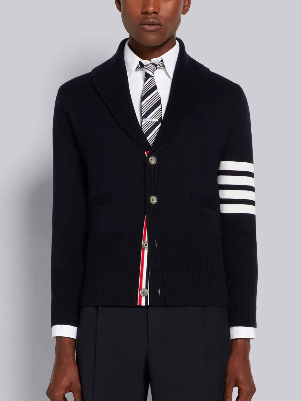 Thom Browne Navy Milano Stitch Merino Wool 4-bar Shawl Collar Cardigan In Blue