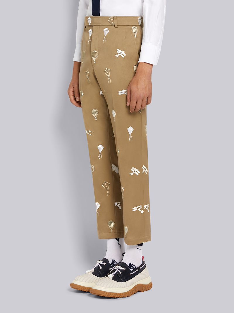 Camel Cotton Twill Half Drop Half Drop Satin Sky Icon Embroidery Unconstructed Chino Trouser