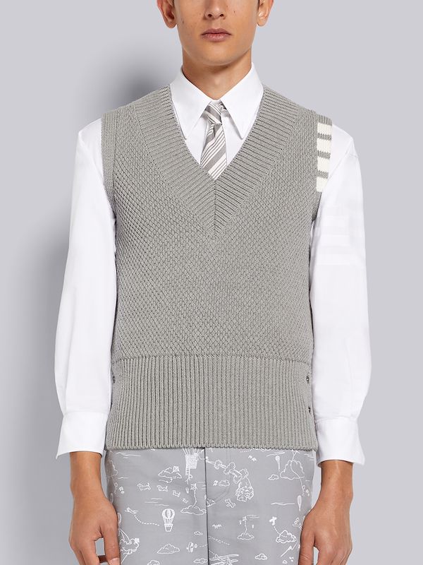 Light Grey Seed Stitch Cotton 4-Bar V-Neck Vest