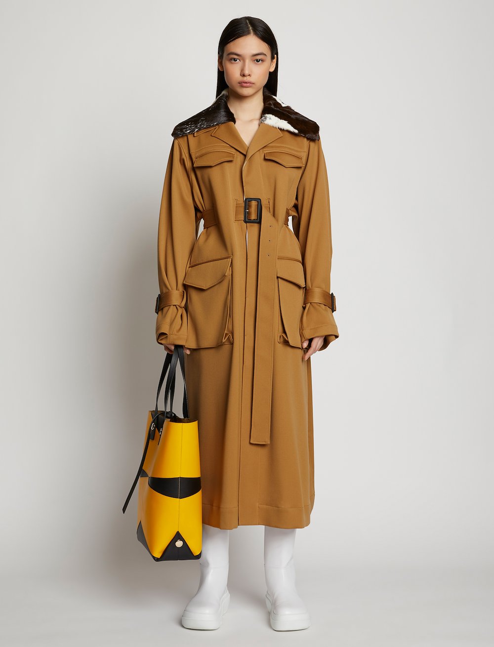 Wool Twill Belted Trench Coat with Shearling Collar