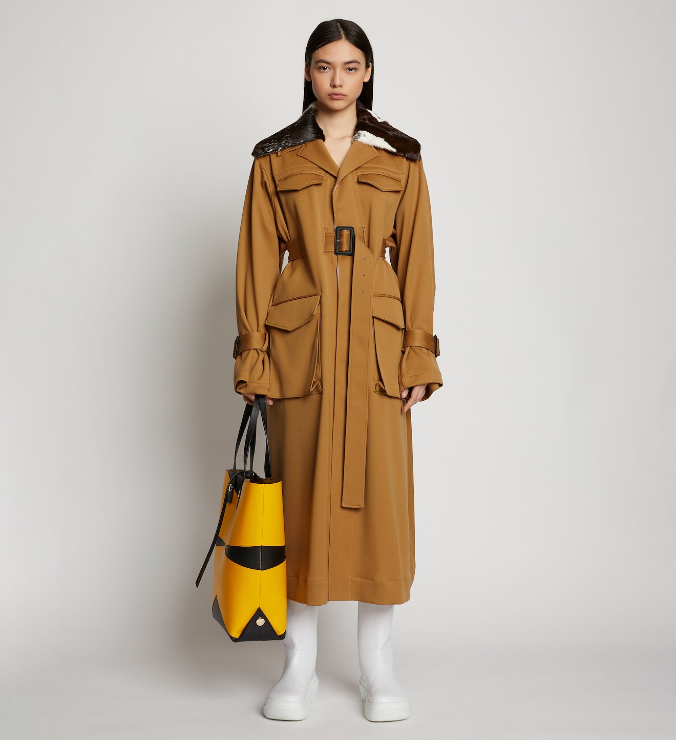 Wool Twill Belted Trench Coat with Shearling Collar