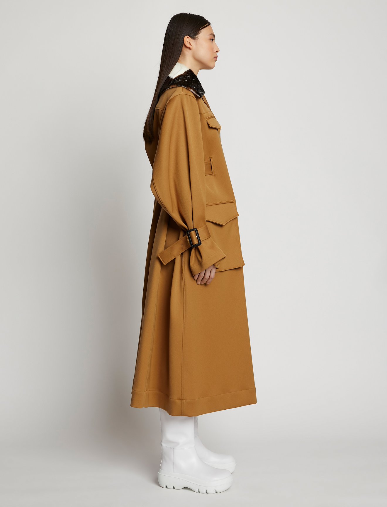 Wool Twill Belted Trench Coat with Shearling Collar #1